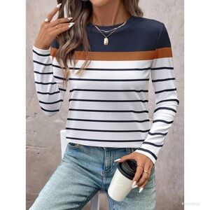 SHEIN Navy, White, and Brown Striped Long Sleeve Top